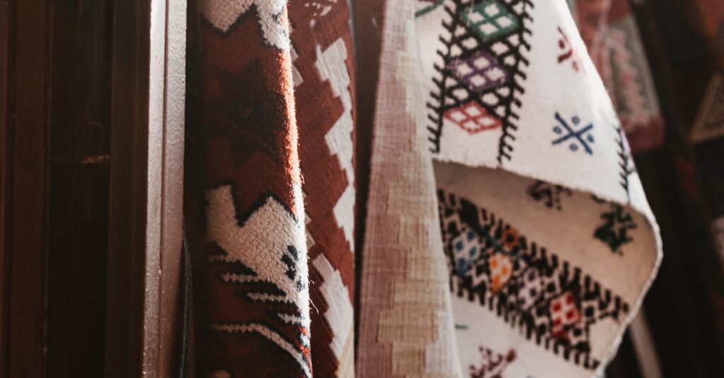 Close-up of colorful Turkish kilims with intricate patterns in soft sunlight, showcasing traditional culture.